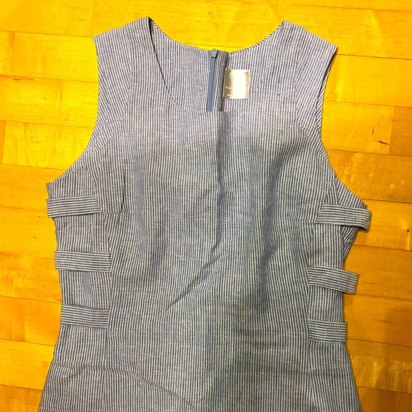 Linen Pinstripe Dress Stripe Blue Chambray Fitted Designer Discontinued Rare Art - Picture 1 of 5